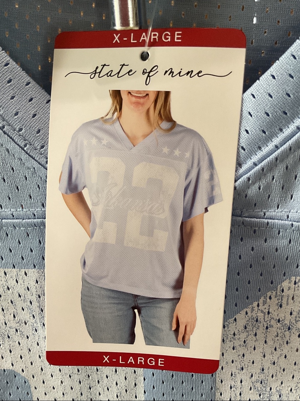 State of Mine Light Blue Georgia Mesh Jersey Top with White Print - Picture 2 of 5